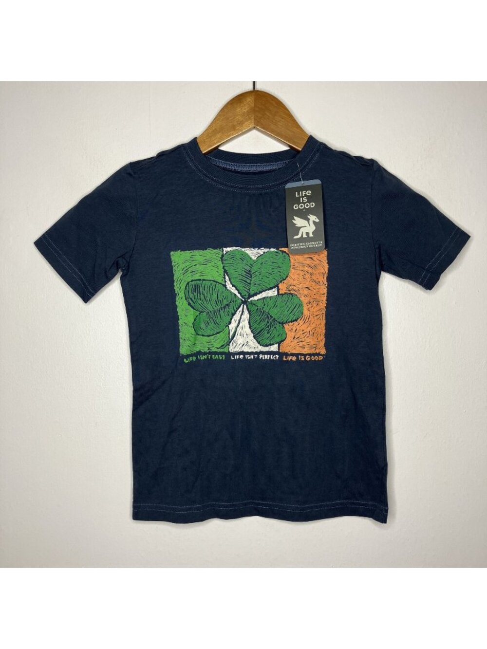 Life is Good Kids XS Crusher Tee Irish Flag Shamrock T-Shirt Navy Blue NWT